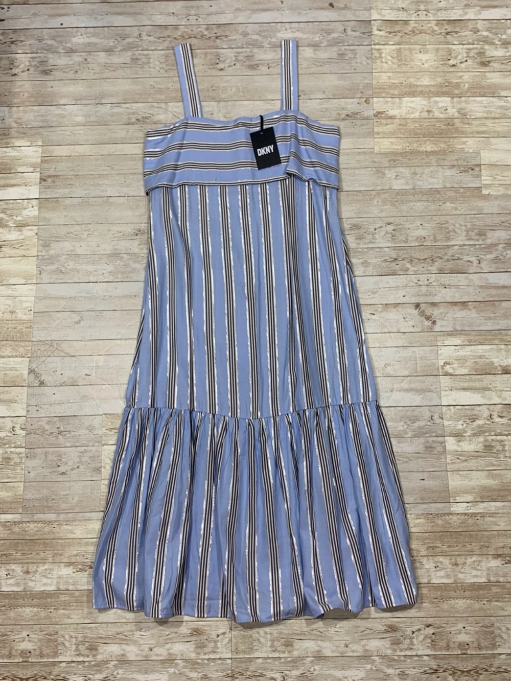 DKNY Blue White Striped Midi Sun Dress XS Wedding Guest Spring Summer